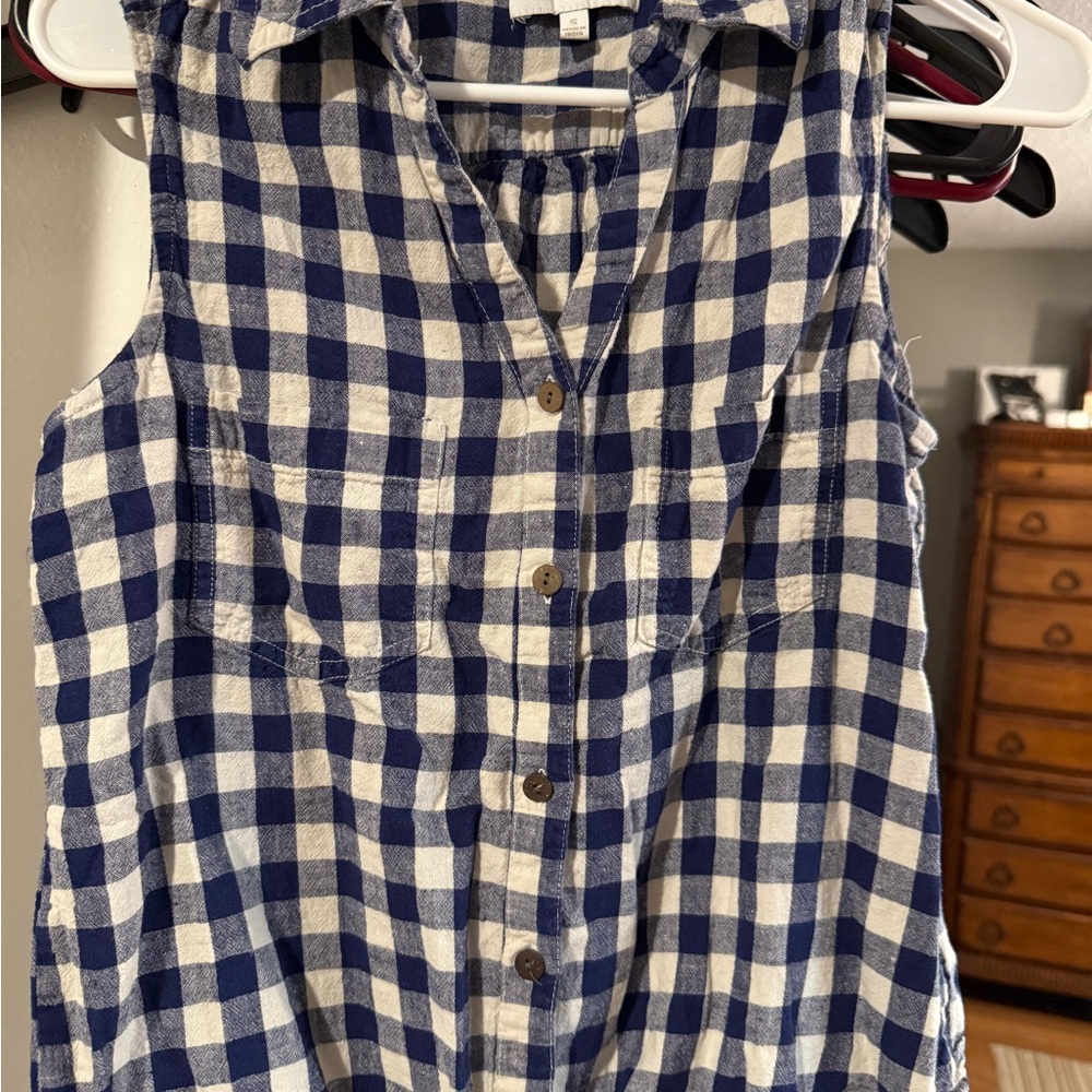 Coral Bay Blue and White Gingham Button Tank Top